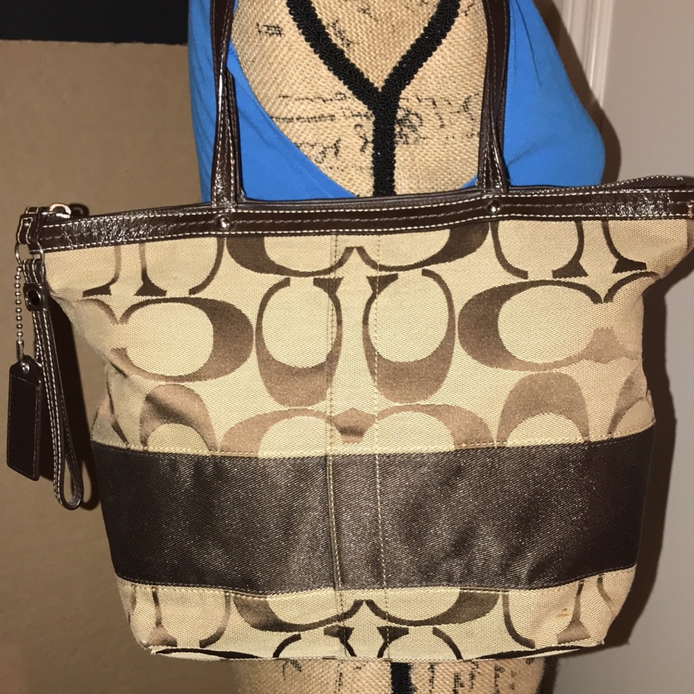 Coach Signature Monogram satin stripe tote